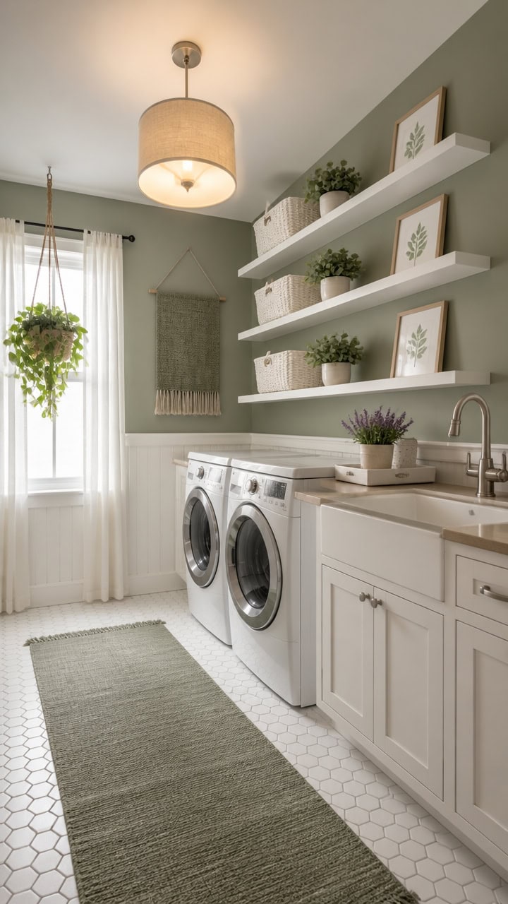 Laundry room with white washer and dryer, wall-mounted shelves with potted plants, and natural light.