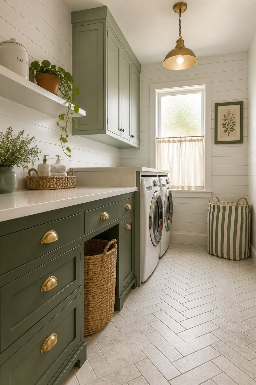 sage green shaker laundry cabinetry
