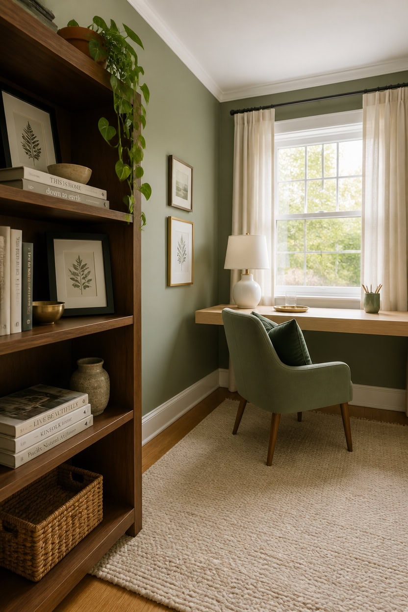 Home office with green walls, a desk by the window, and a comfortable armchair.