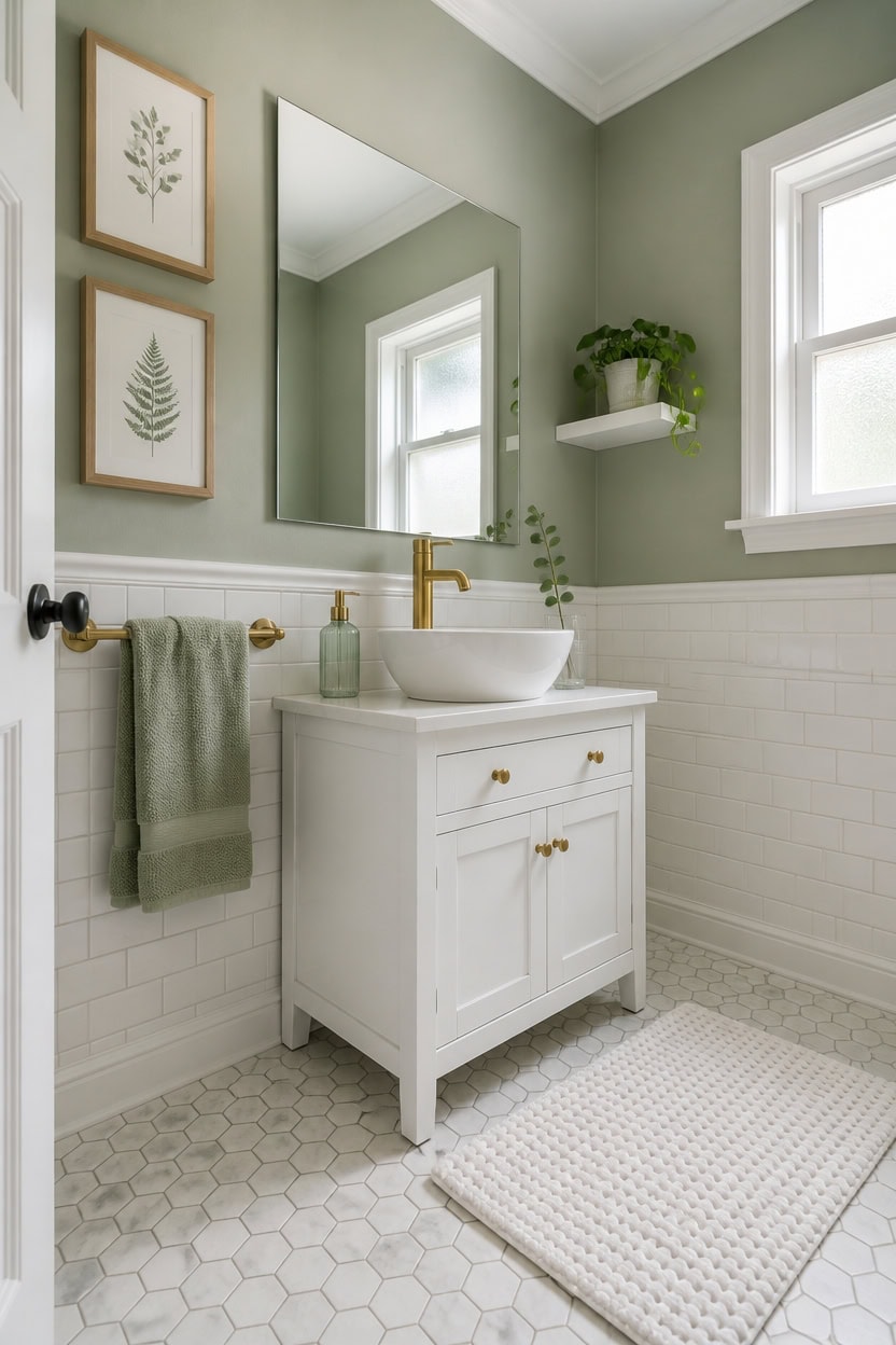 Bright bathroom featuring a white vanity, gold fixtures, and green decor elements.