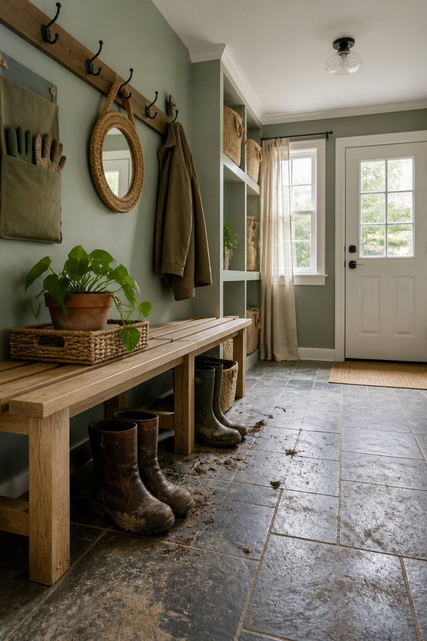 Entryway with mudroom hooks, mirror, and boots for a welcoming home entrance.