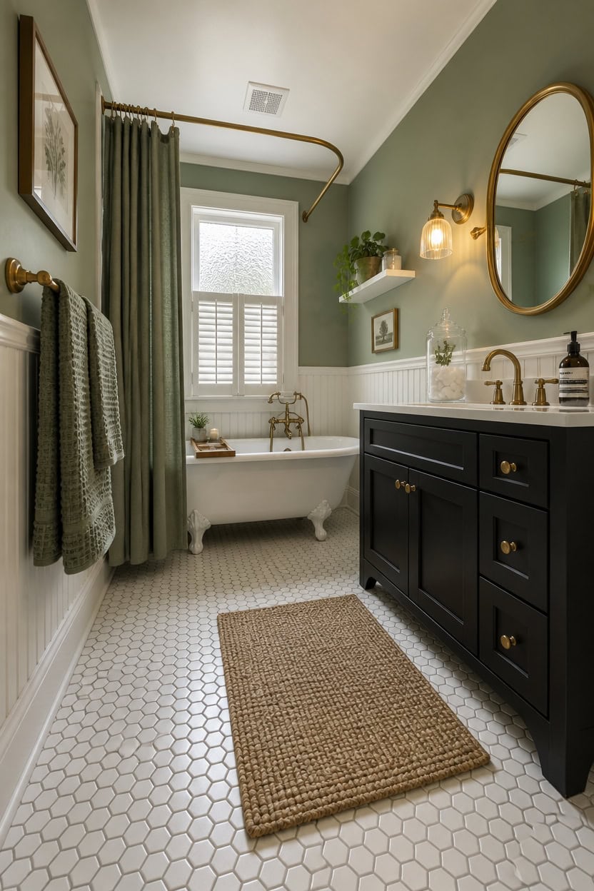 Elegant vintage bathroom featuring a clawfoot tub, green walls, and classic decor.