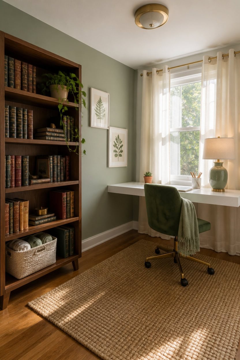 Home office with bookshelf, green chair, and large window for bright workspace.