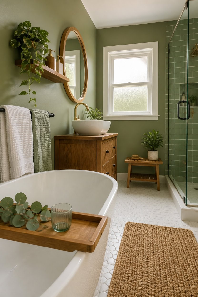 Bright bathroom featuring a bathtub, green tiled shower, and natural light from a window.
