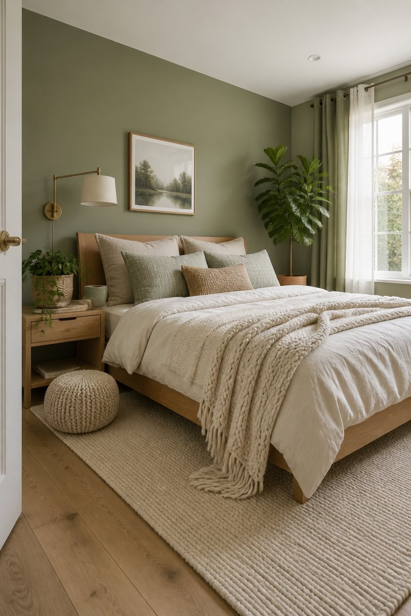 Bright bedroom with green accent wall, large window, and neutral decor.