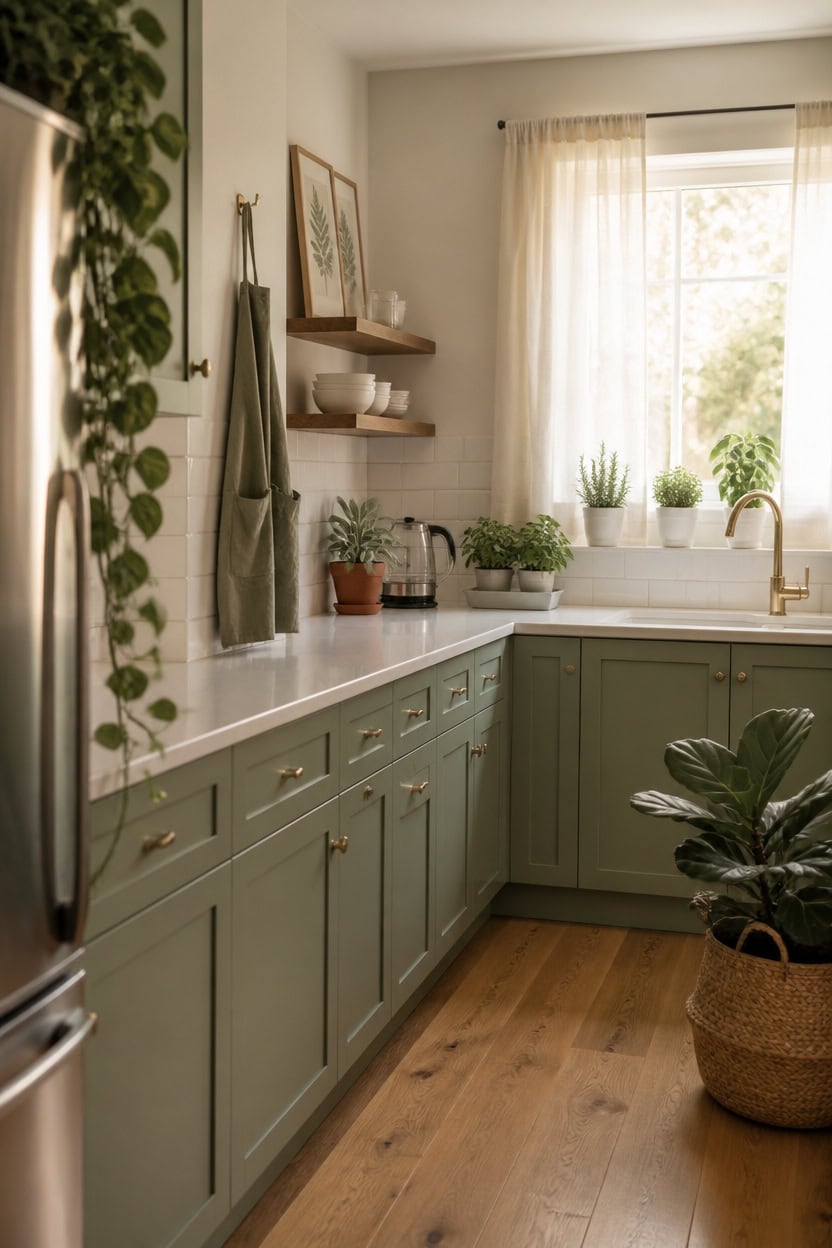 Bright kitchen with green cabinets, white countertops, and large window with sheer curtains.