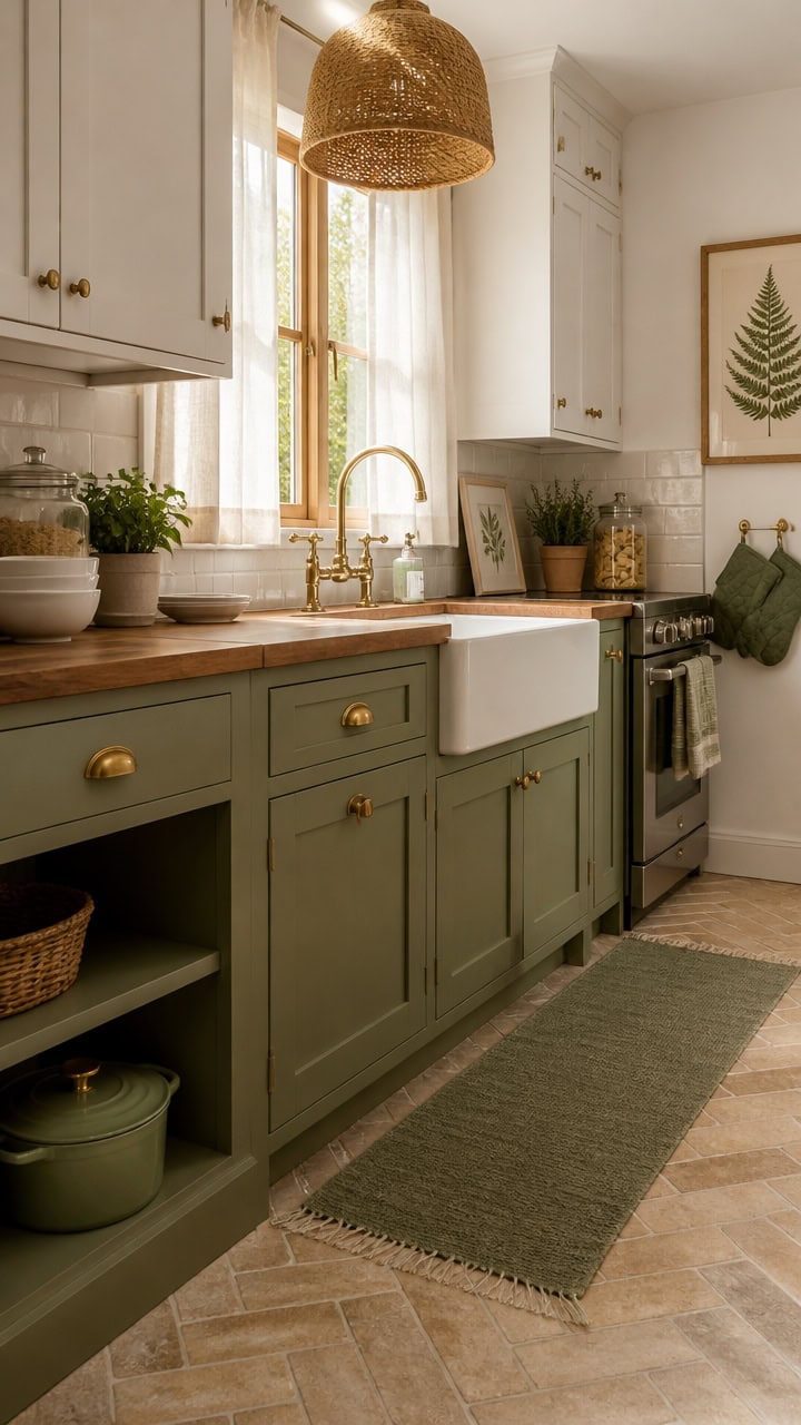 Bright kitchen featuring green lower cabinets, white upper cabinets, and a farmhouse sink. Natural l.