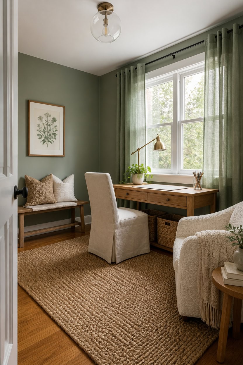 Bright home office with large window, green curtains, and comfortable seating.
