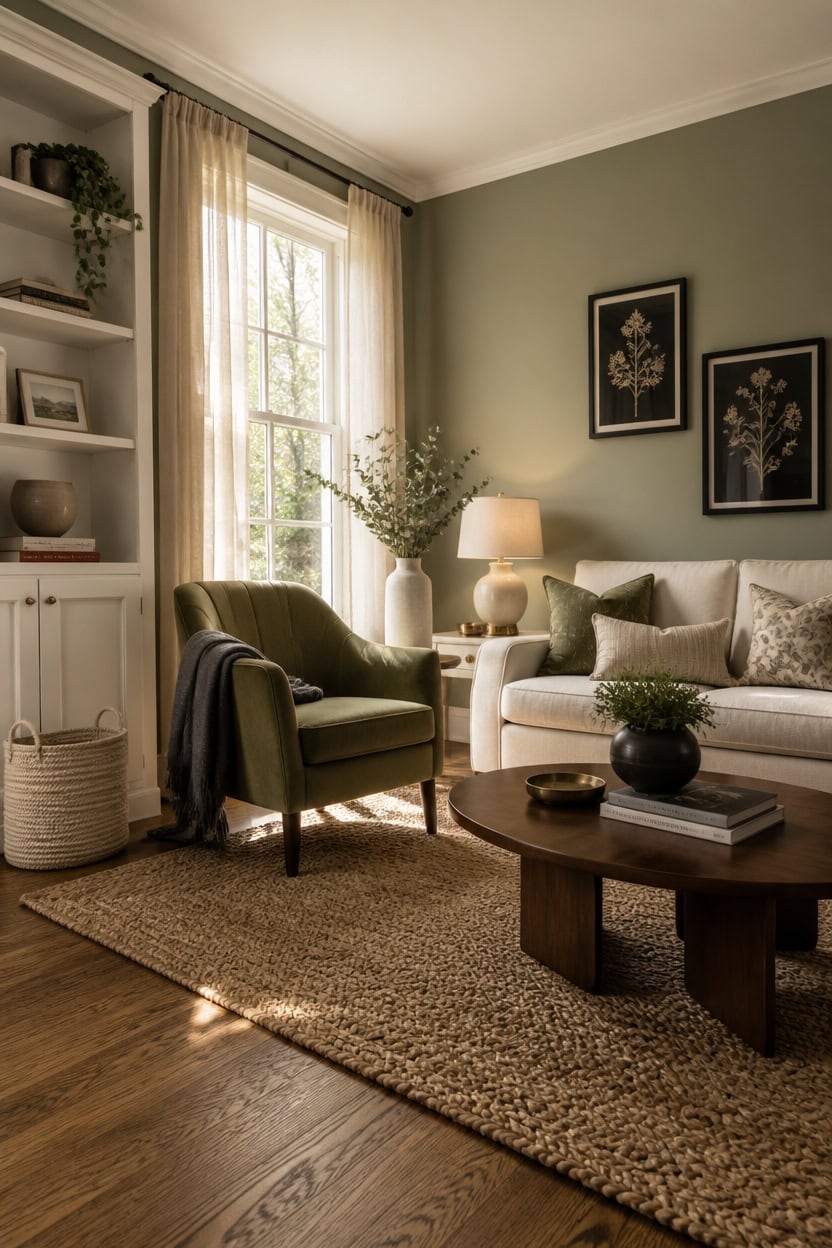 Bright living room with large window, green armchair, white sofa, and elegant decor.