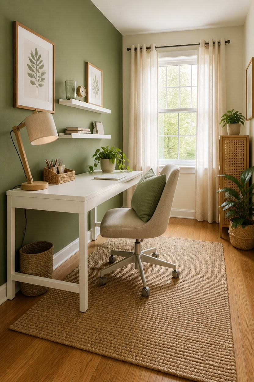 Home office workspace with a white desk, ergonomic chair, and lush greenery, illuminated by sunlight.