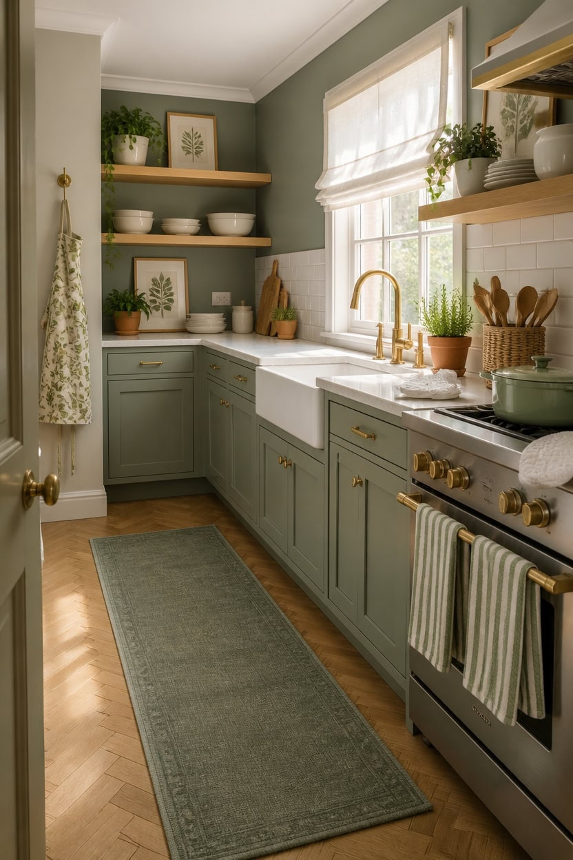 Bright green kitchen with open wooden shelves, white backsplash, and gold fixtures.