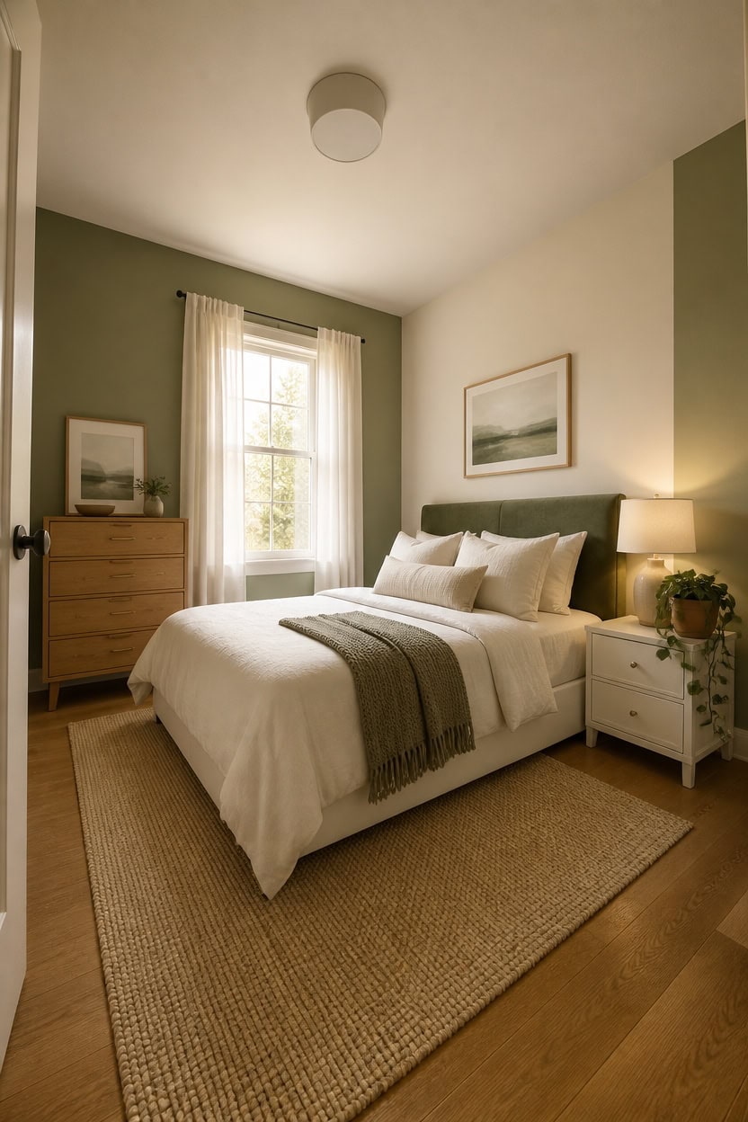 Bright bedroom with large window, soft neutral tones, and contemporary furnishings. Perfect for rela.