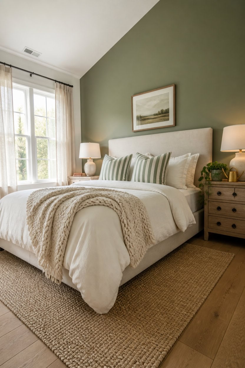 Bright bedroom featuring a green accent wall, large window, and comfortable bed with striped pillows.