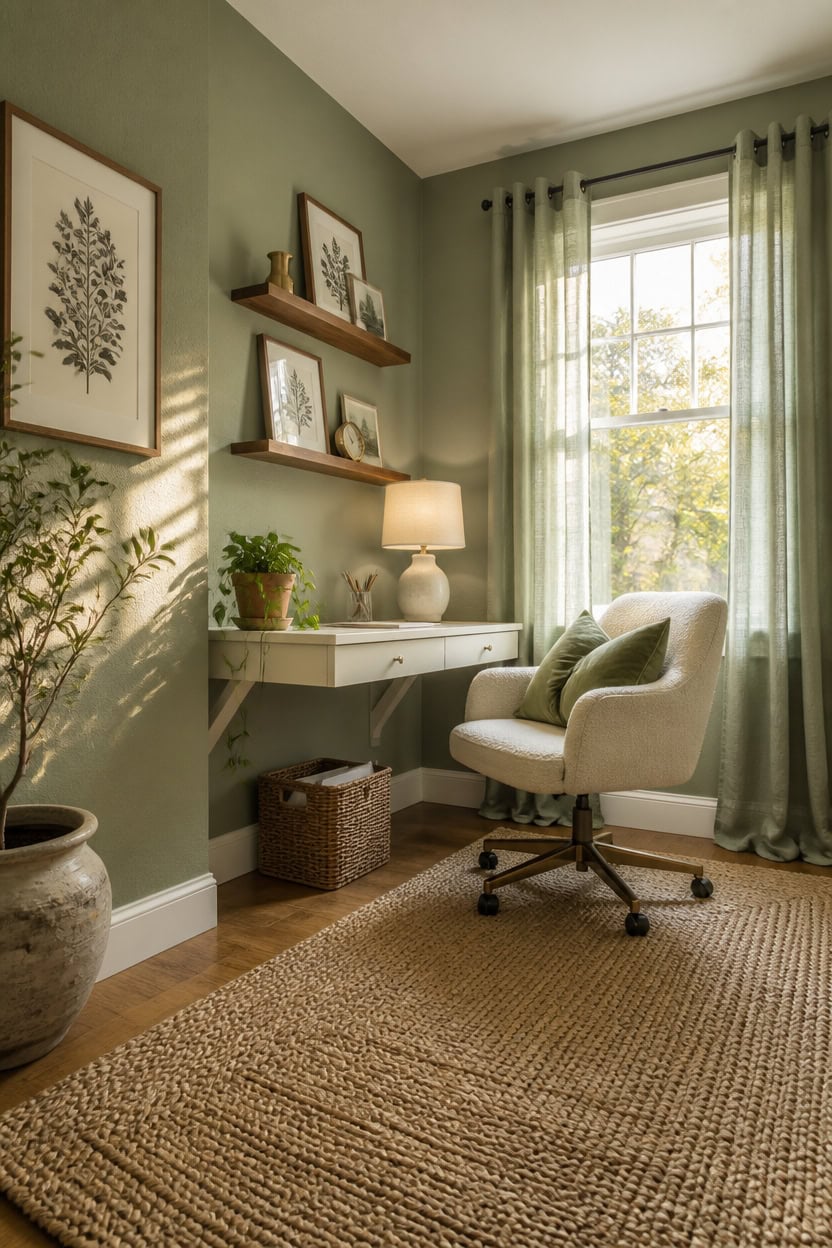 Bright home office with a large window, soft green walls, and stylish decor. Perfect for a comfortab.