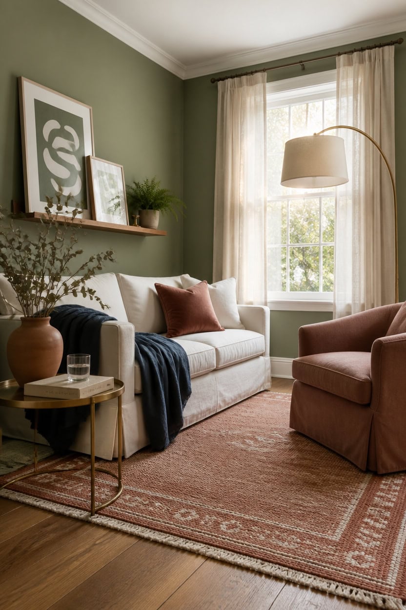 Bright living room with green walls, beige sofa, pink armchair, and large window.