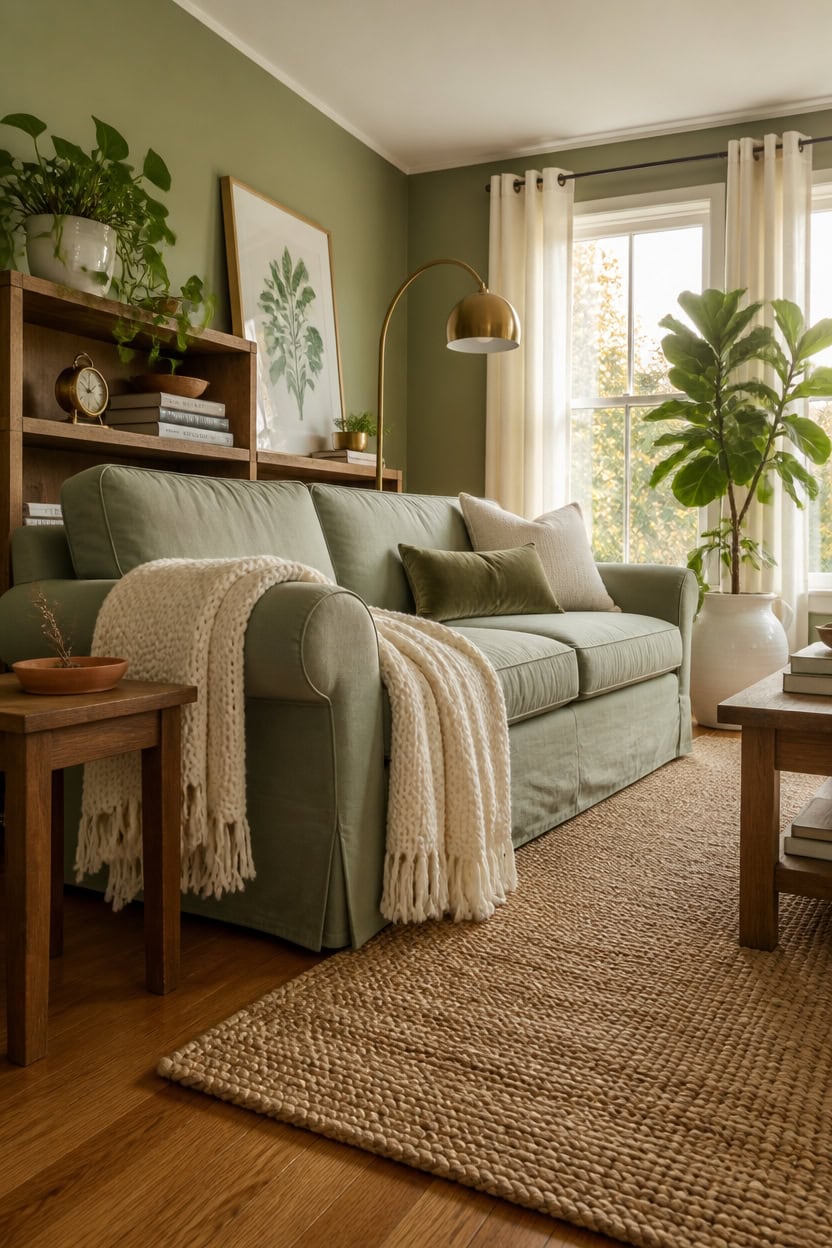 Bright living room with green walls, large window, and lush indoor plants.