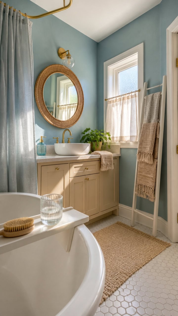 Bright bathroom featuring blue walls, a white vanity with a vessel sink, and a large mirror. Natural light from the window en.