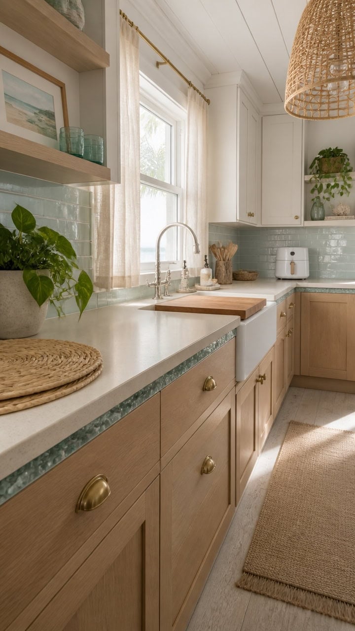 Bright kitchen with large windows, white cabinets, and wooden accents, featuring plants and modern appliances for a welcoming.