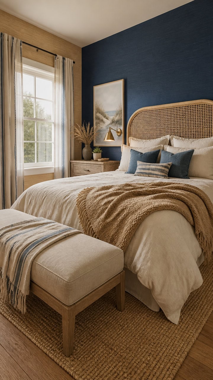 Bright and inviting bedroom featuring a large window, neutral tones, and stylish decor for a comfortable living space.
