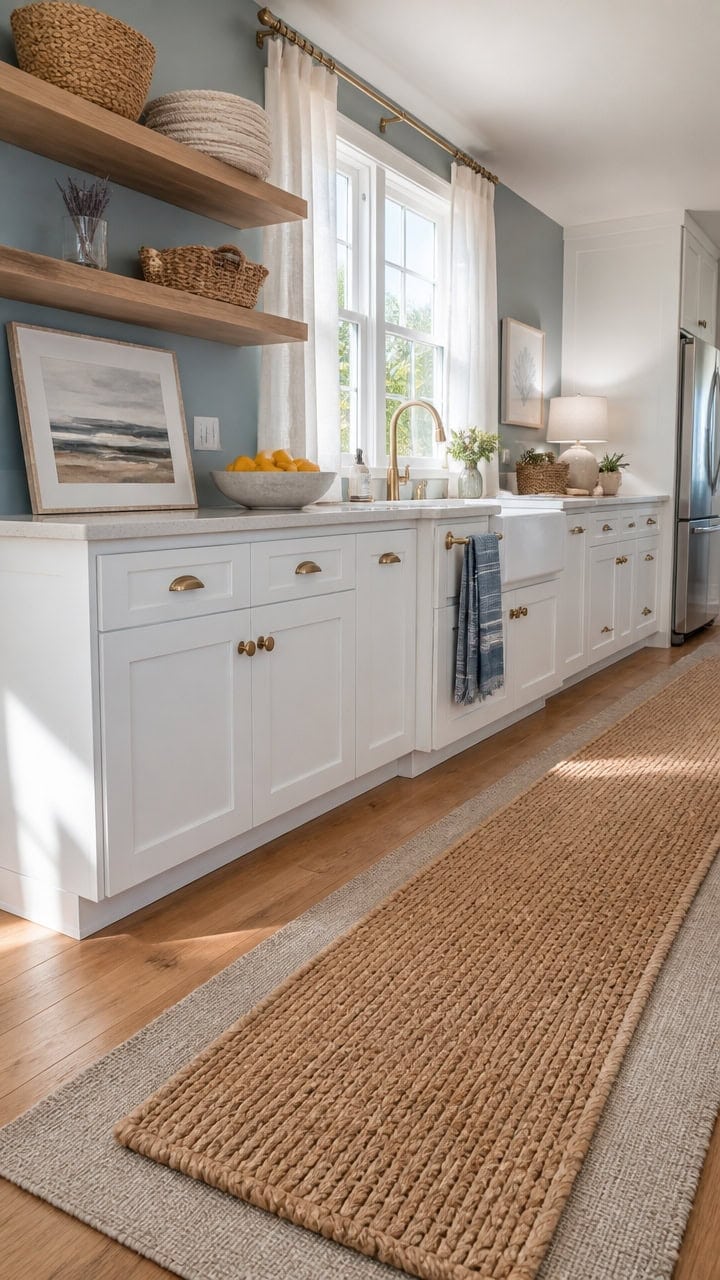Bright kitchen with white cabinetry, open shelving, and large window providing natural light. Perfect for a modern, inviting.