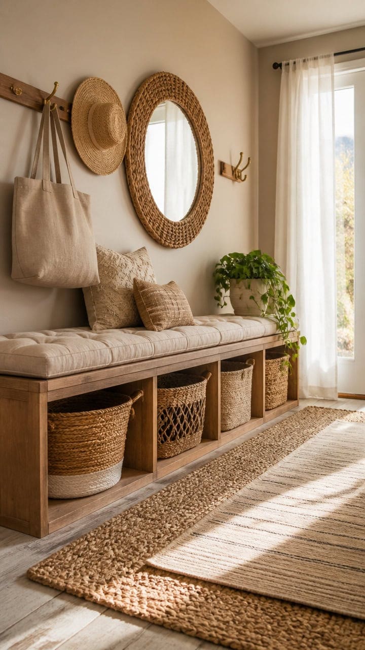 Entryway with wicker mirror, hats, and storage baskets.