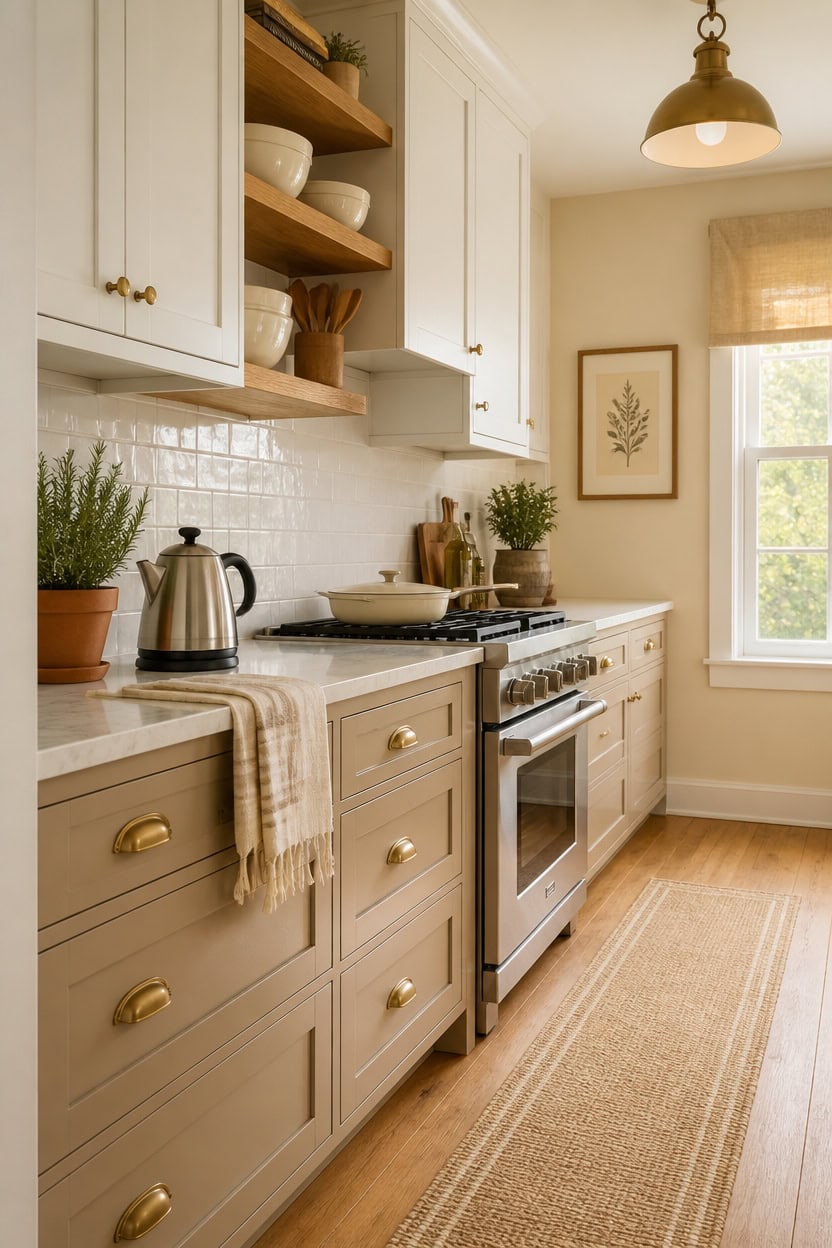 Bright kitchen featuring white cabinetry, open wooden shelves, and a large window with natural light. Perfect for cooking and.