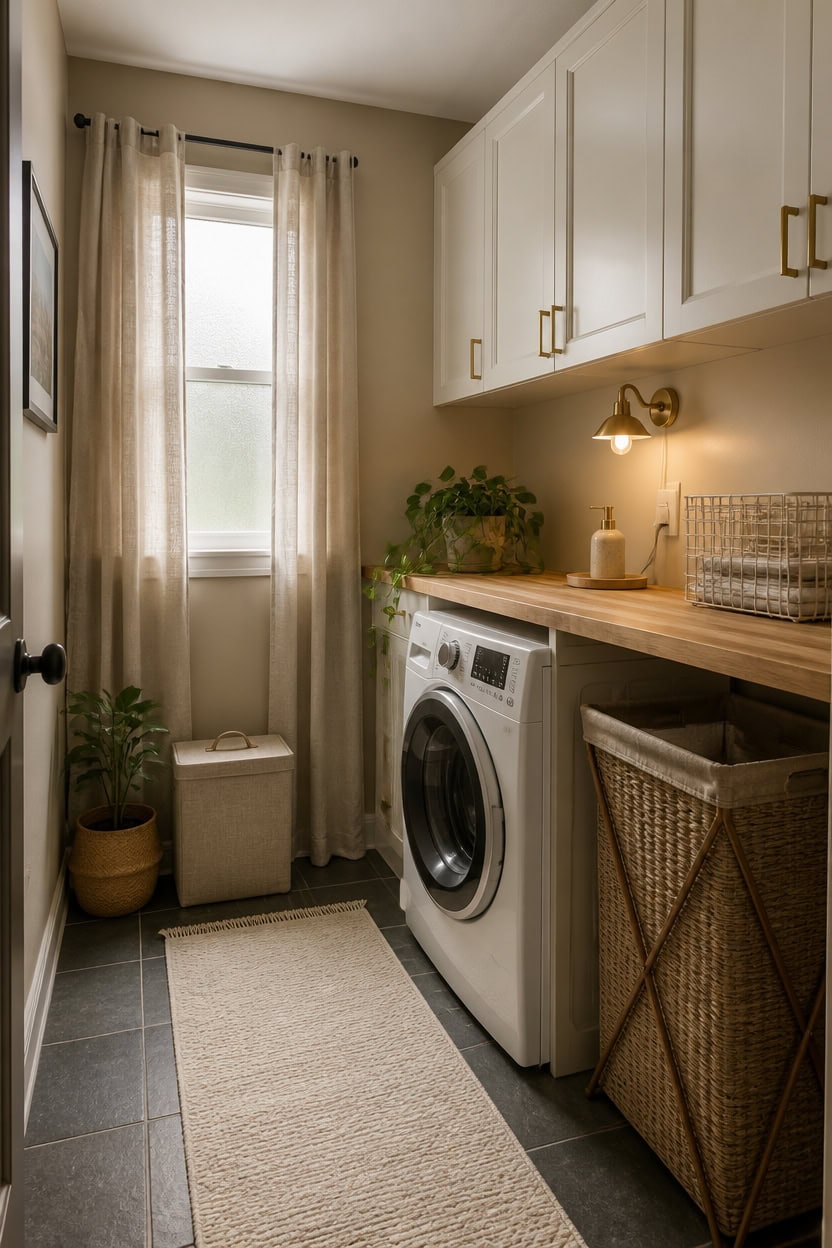 Bright laundry room featuring a front-loading washer, ample white cabinetry, and a window with sheer curtains for natural ill.
