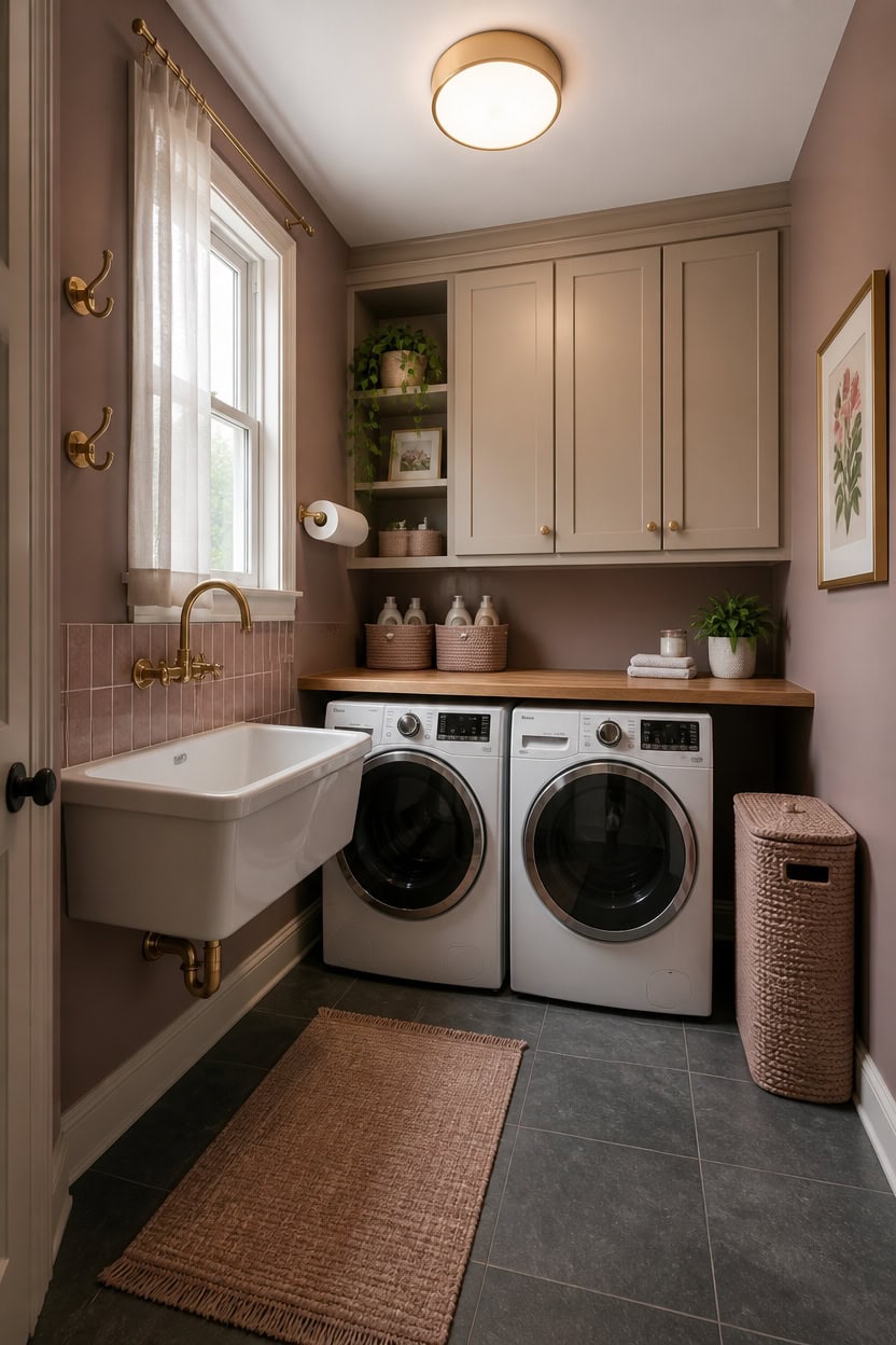 Bright laundry room featuring a utility sink, washer and dryer, and wall-mounted cabinets for organi.