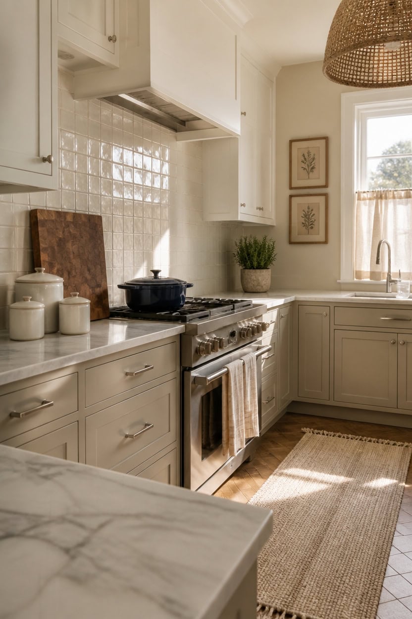 Bright kitchen with white cabinets, natural sunlight, and modern appliances. Perfect for apartment l.