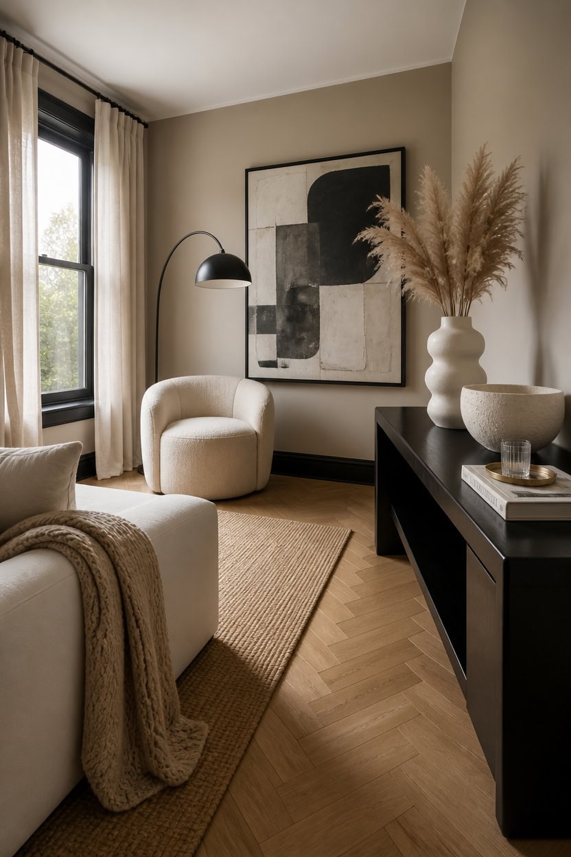 Bright living room with large window, stylish armchair, and contemporary artwork.