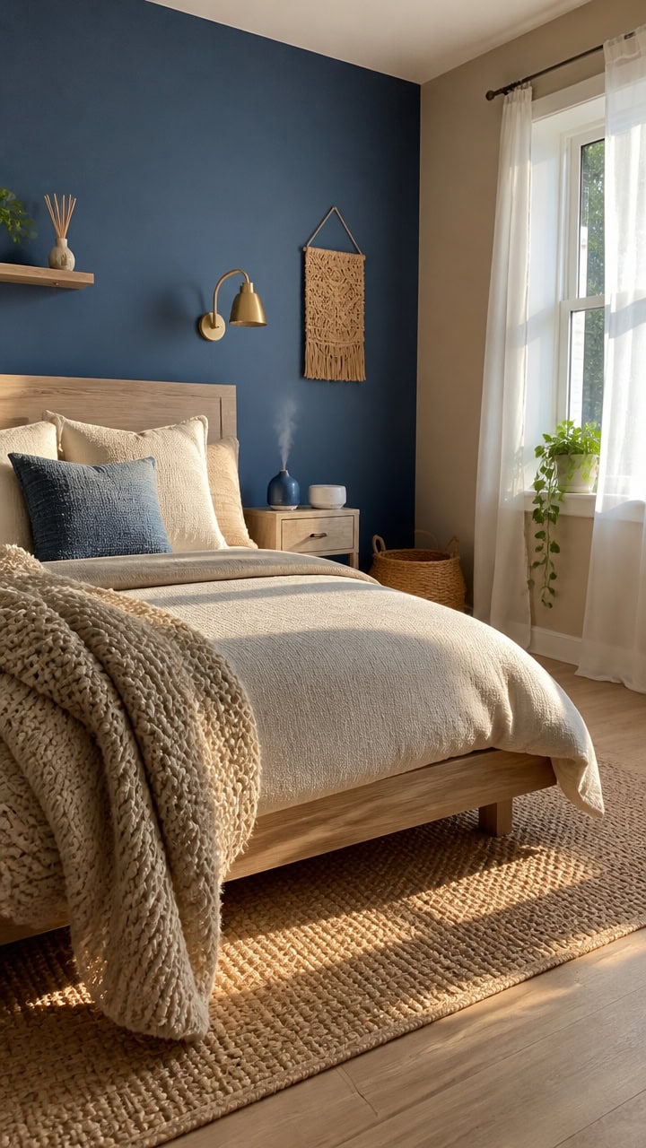 Bright bedroom featuring a blue accent wall, natural light, and comfortable bedding. Perfect for relaxing in a stylish apartm.