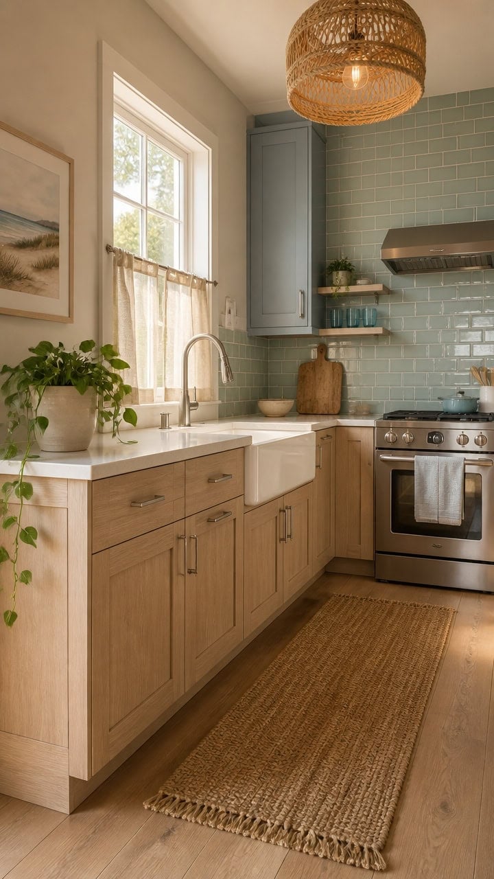 Bright kitchen featuring a farmhouse sink, blue cabinets, and a woven pendant light. Perfect for a warm, inviting apartment s.