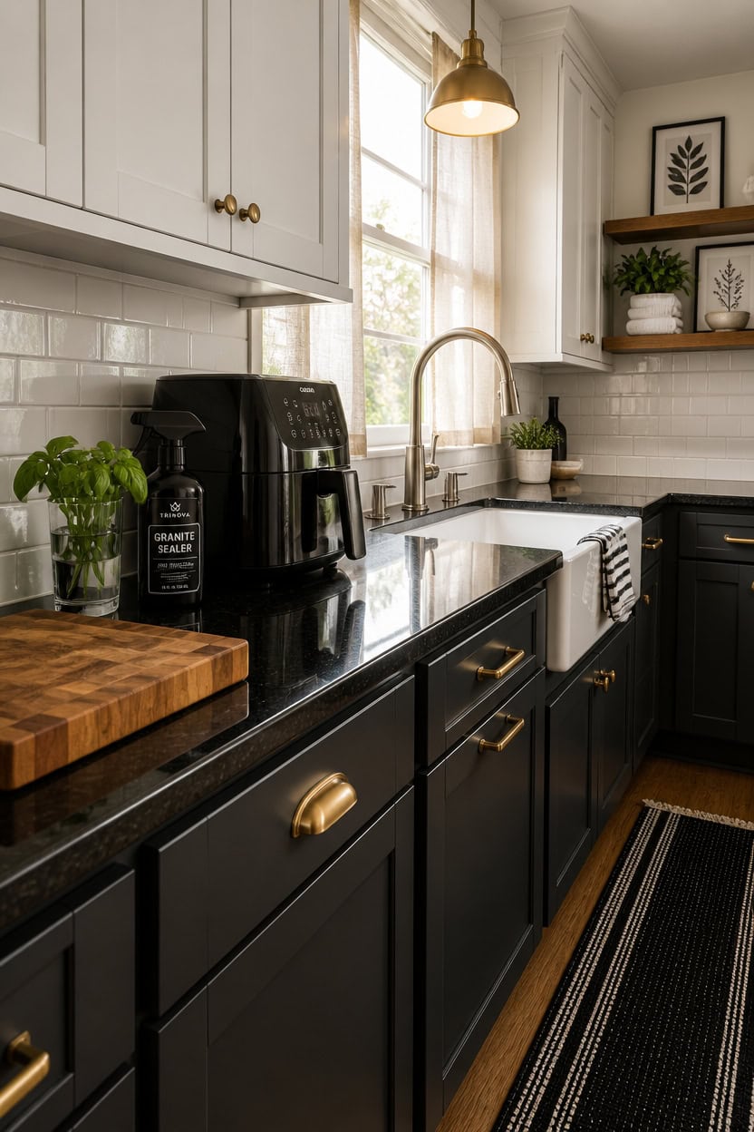 Contemporary kitchen featuring black cabinets, white subway tile backsplash, and natural light from.