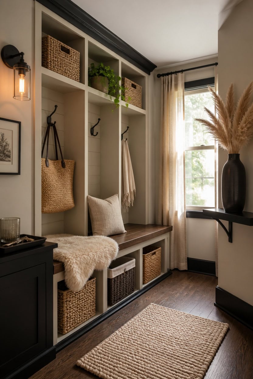 Entryway with built-in shelves, hooks, and baskets for organization.