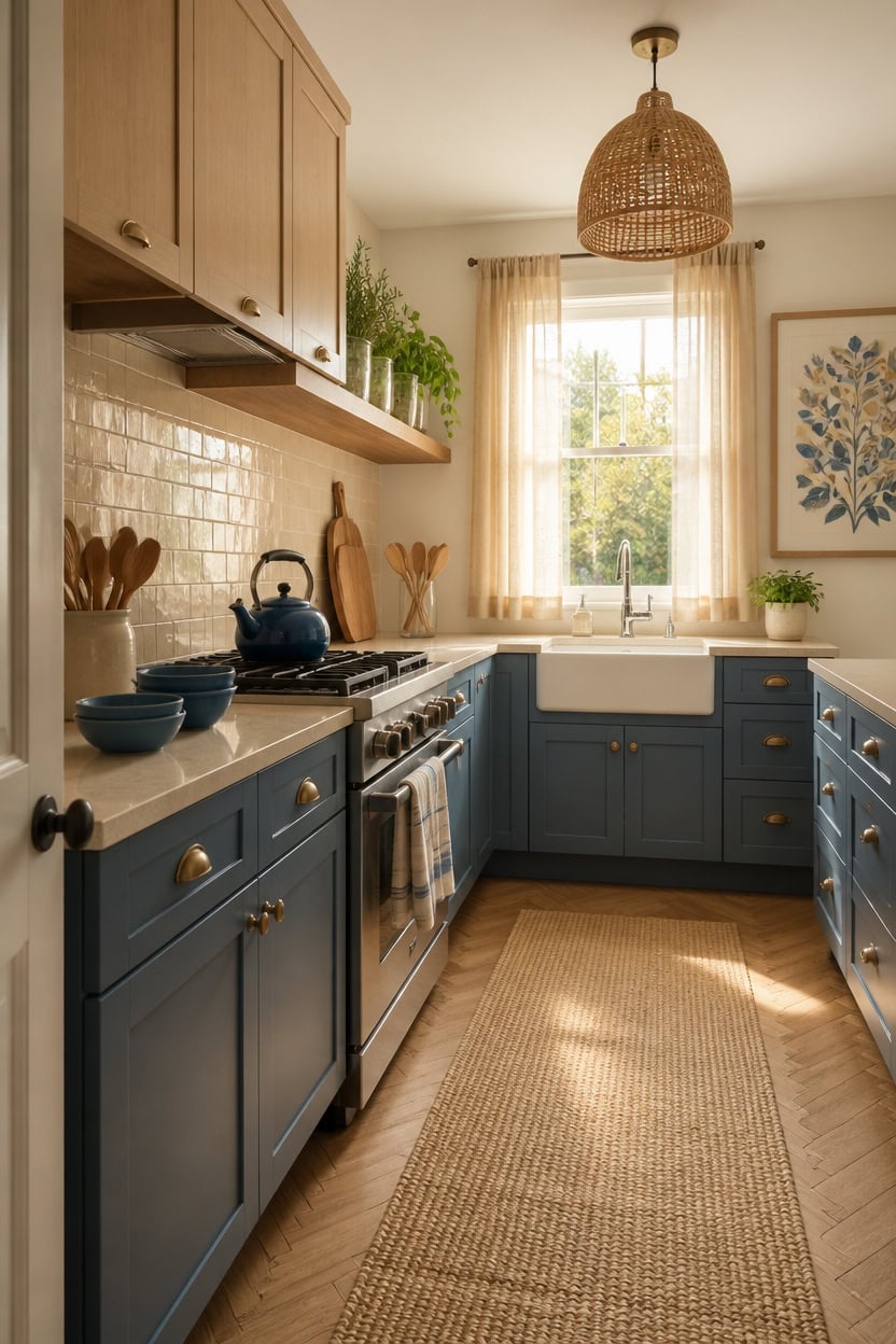 Bright kitchen with blue cabinets, natural sunlight, and cozy decor.