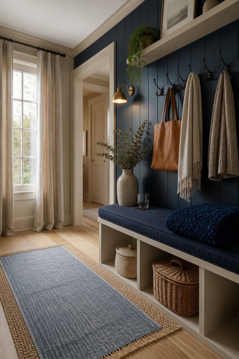 Inviting entryway featuring a blue accent wall, coat hooks, and natural light.