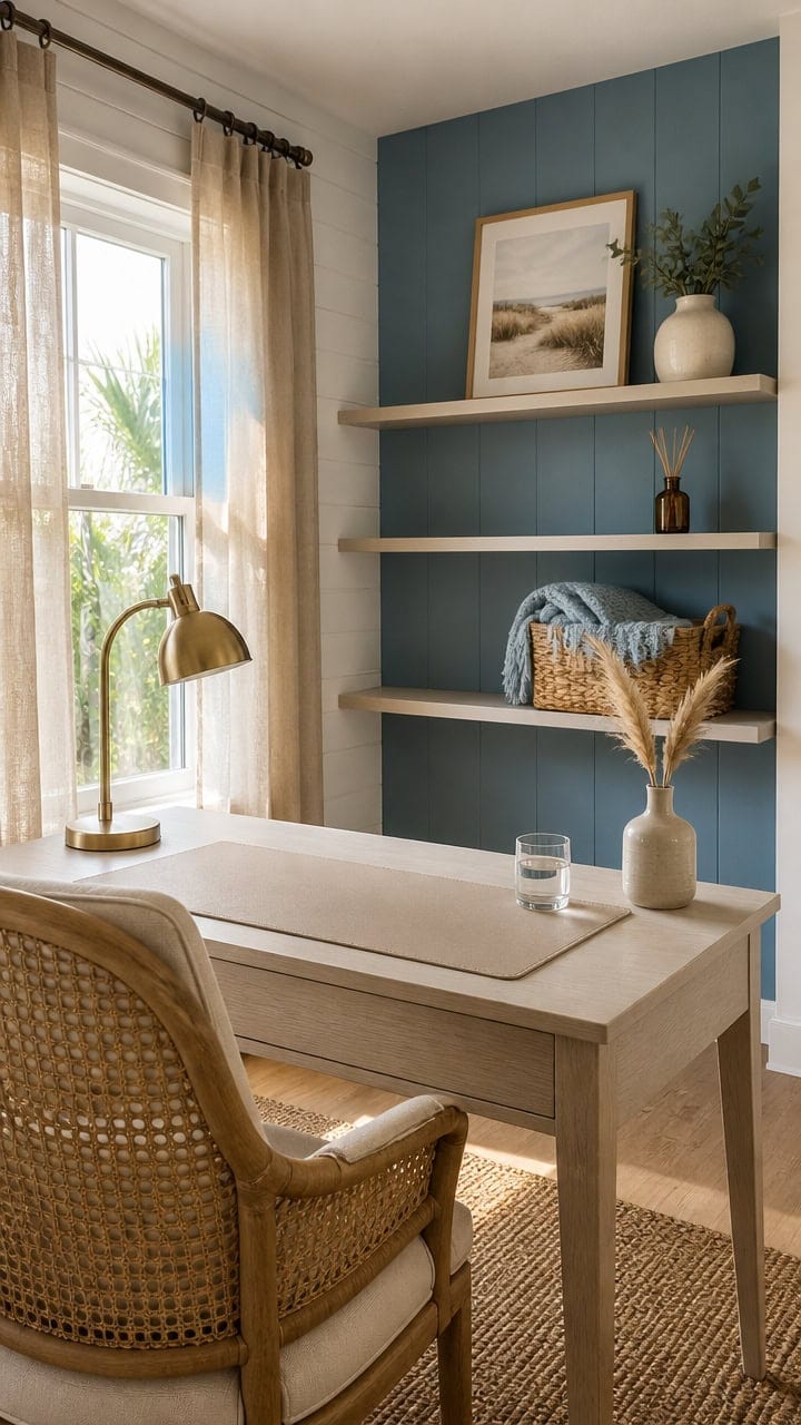 Cozy home office featuring a desk, rattan chair, and decorative shelves with artwork and plants, ideal for comfortable work o.