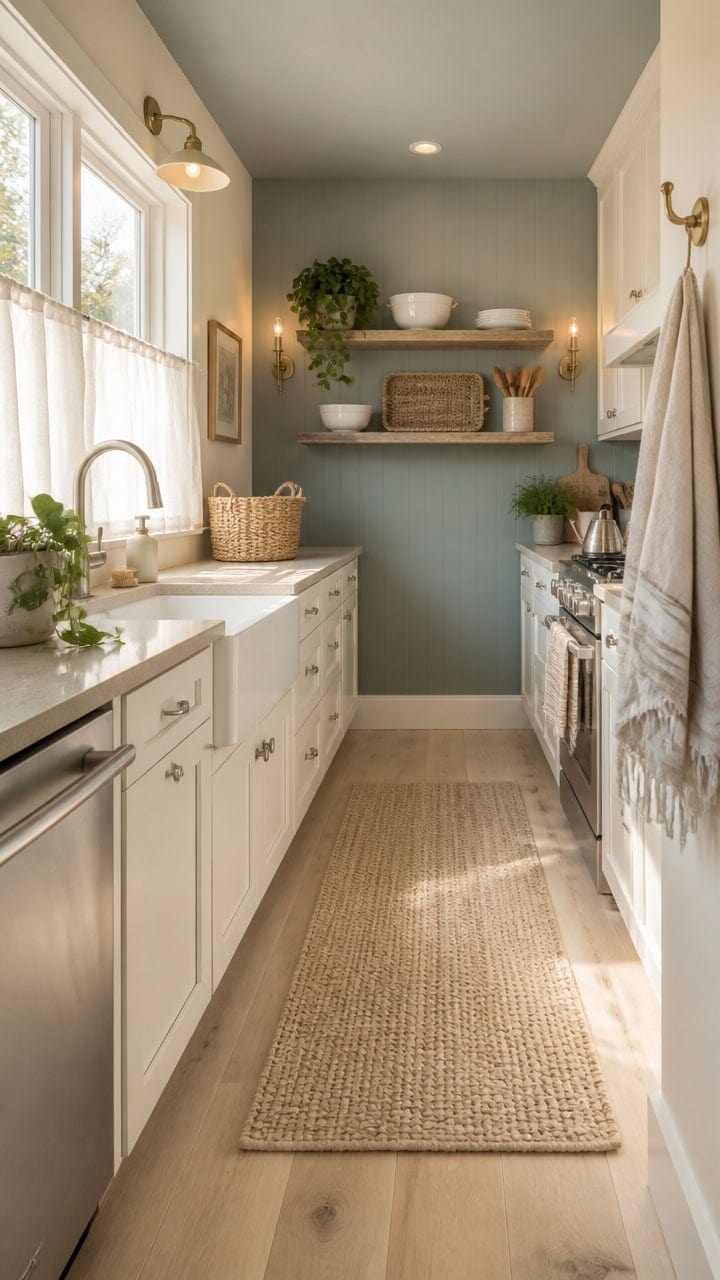 Bright kitchen with white cabinetry, open shelving, and large windows, perfect for apartment living and enhancing space with.