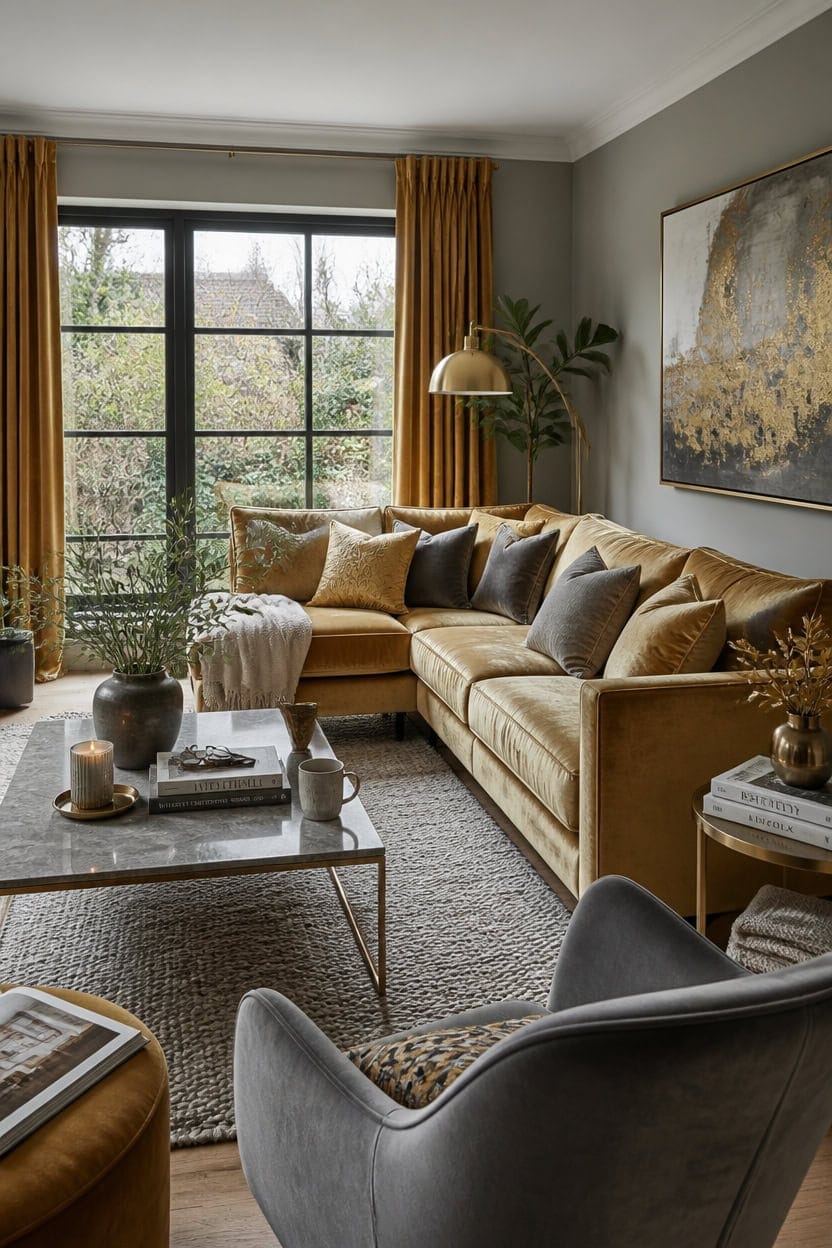 seasonal gold accented grey livingroom