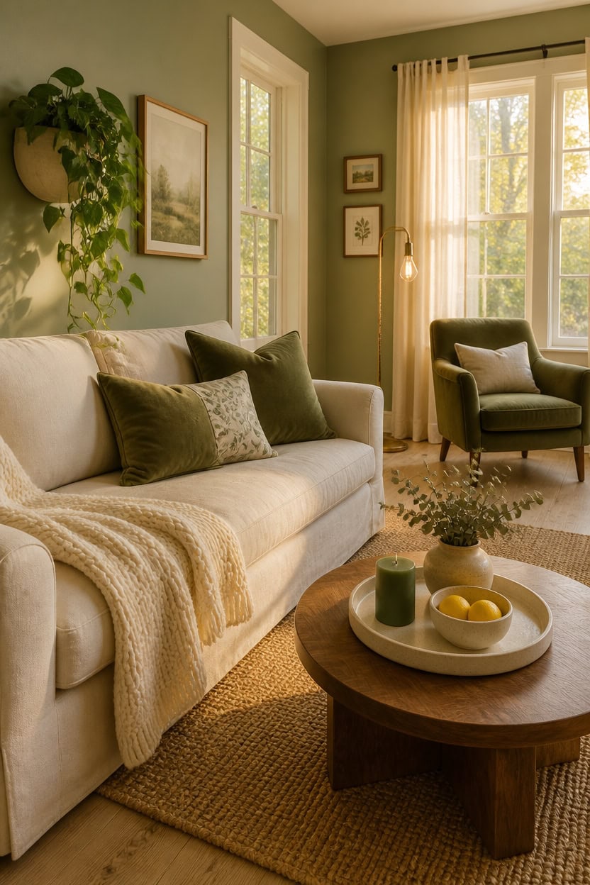 Bright living room with large windows, green walls, and comfortable seating.