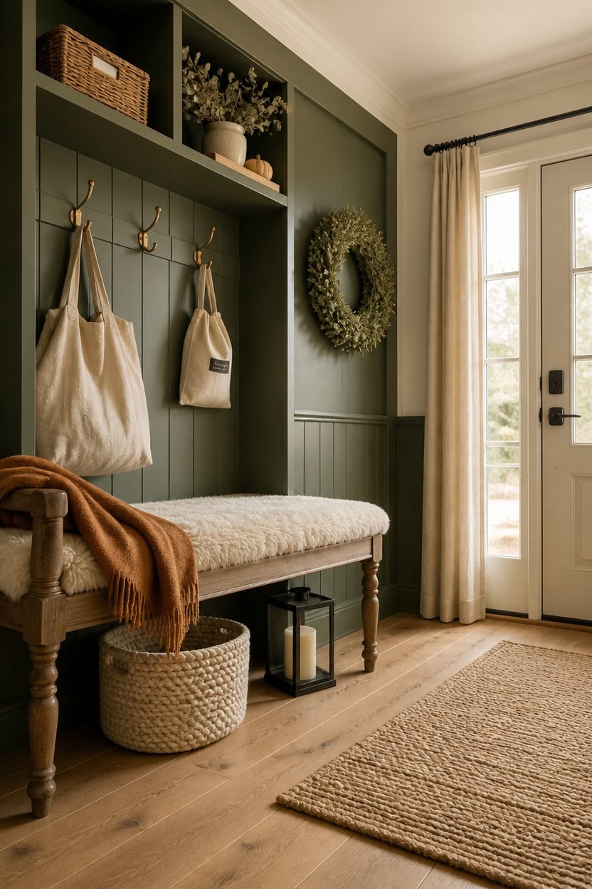 Entryway with green accent wall, hooks, and decorative wreath.