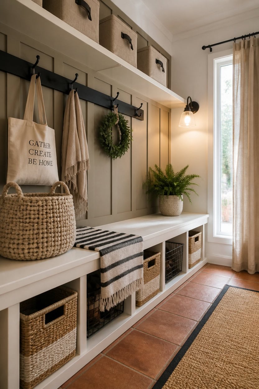 Entryway with hooks, baskets, and a potted plant for organized home entry.
