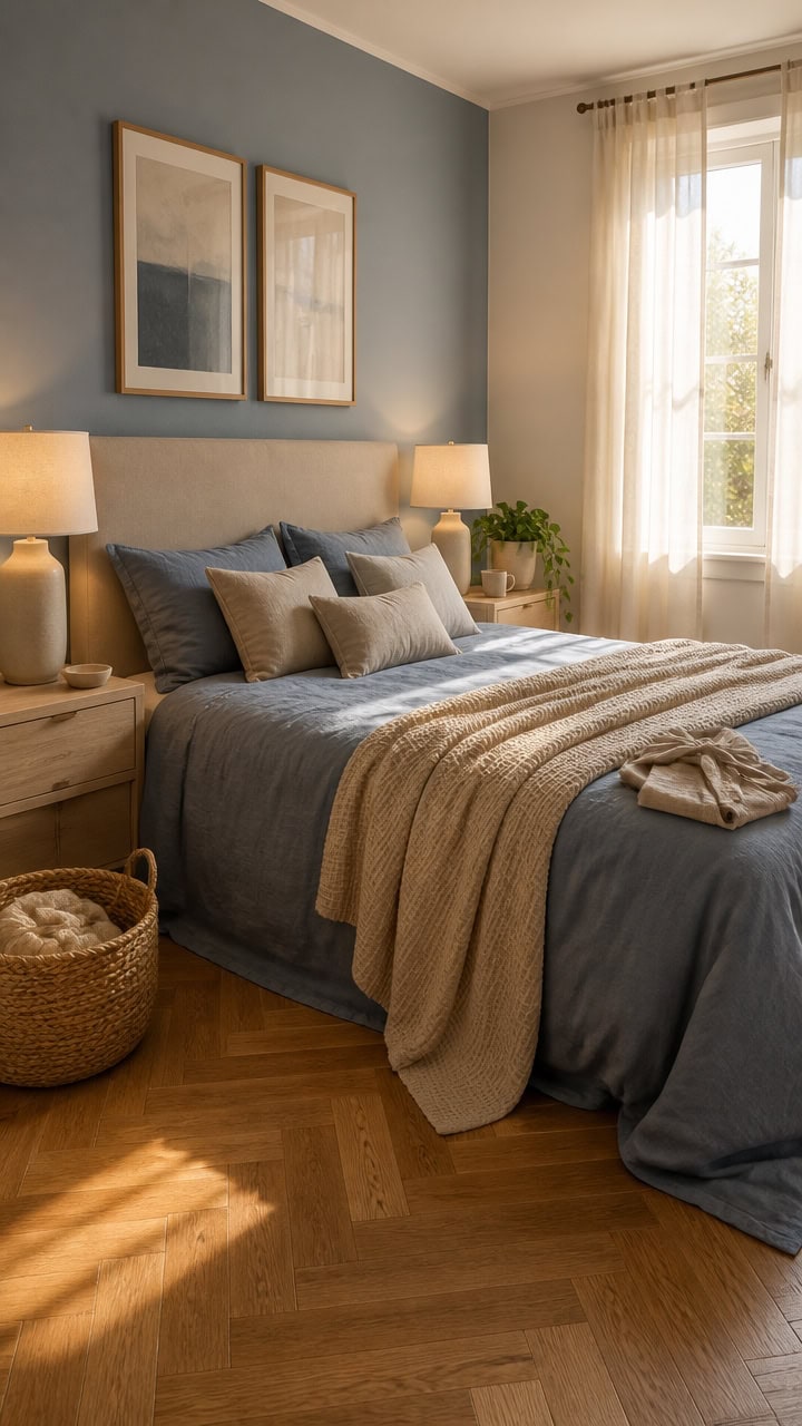 Bright and inviting bedroom with large window, soft neutral tones, and stylish decor. Perfect for re.
