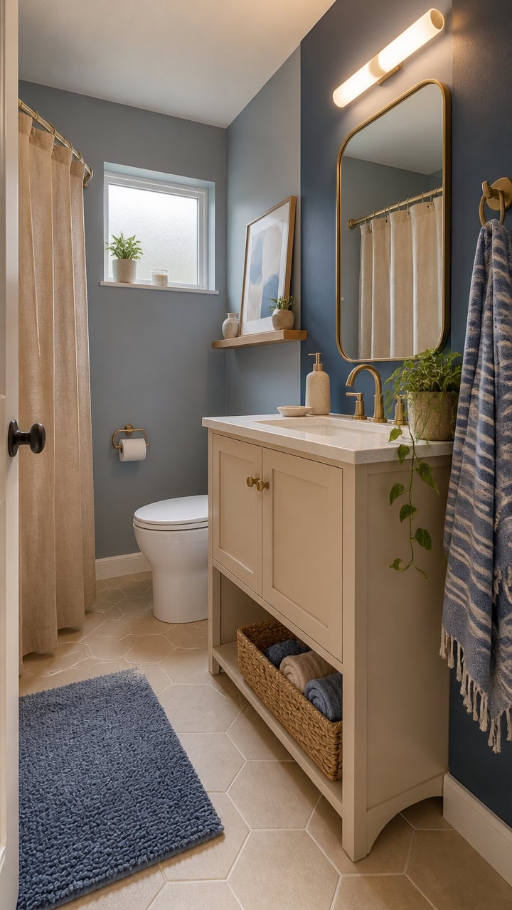 Bright bathroom featuring a white vanity, mirror, and natural light. Perfect for a comfortable, styl.