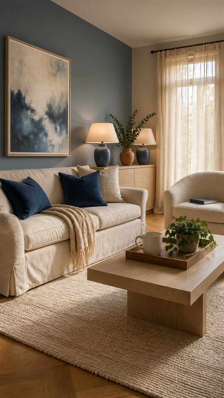Bright living room with beige sofa, blue cushions, and modern artwork.