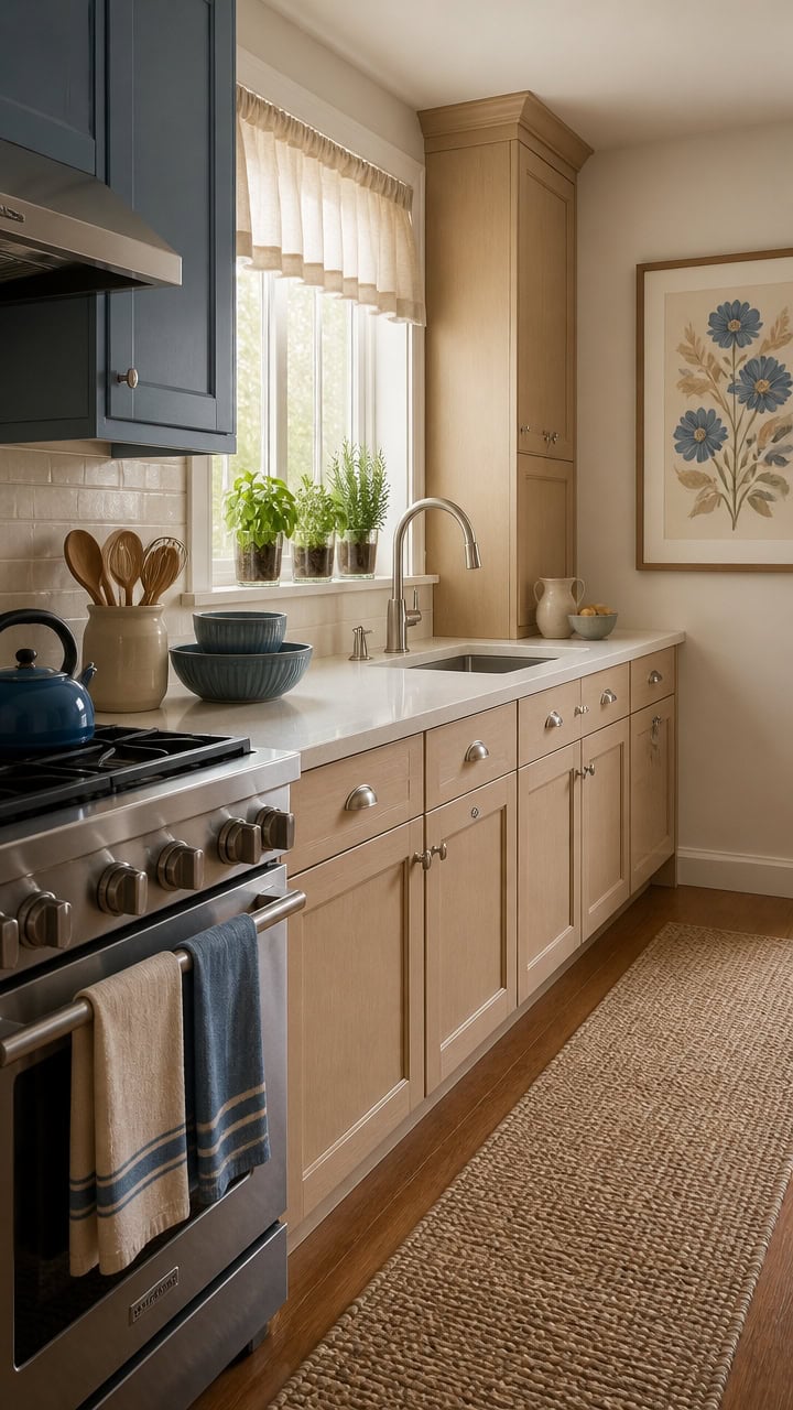 Bright kitchen with beige cabinetry and a large window.