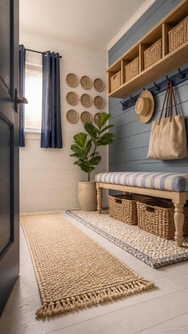 Bright and inviting entryway with blue curtains, woven baskets, and a striped bench.