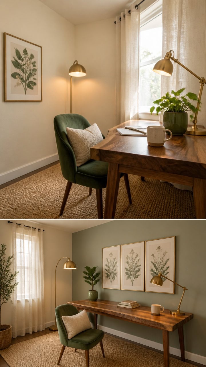 Comfortable home office with green chair, desk, and natural light.