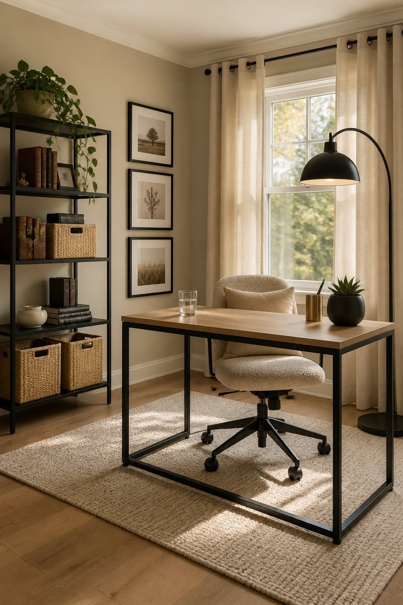 Bright home office with desk, comfortable chair, bookshelf, and large window letting in natural ligh.