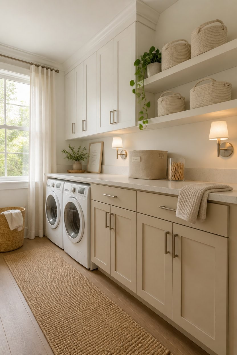 Spacious laundry room featuring white cabinetry, open shelves with baskets, and a large window for natural illumination.